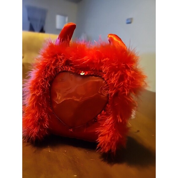 Rare Hairy Red Devil Pillow Photo Holder, Horns, Tails, Decor, Goth Punk Feather - Picture 2 of 8